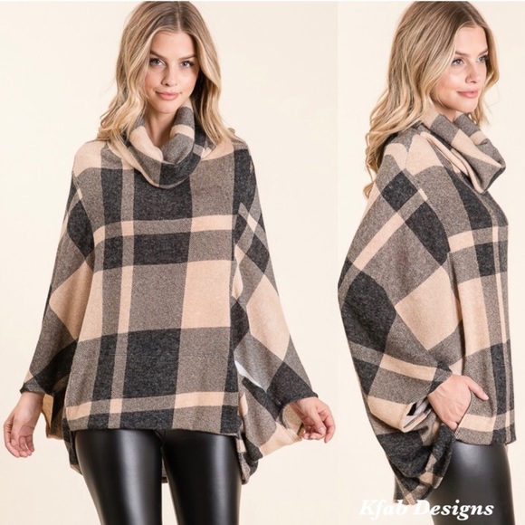 Plaid Mirr Print Cowl Neck Poncho with Pockets! - Picture 5 of 5